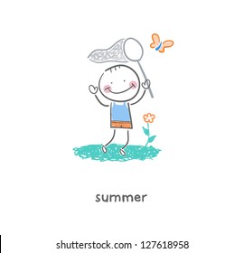 Man catches butterflies. Summer. Illustration.