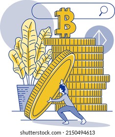 Man catches a coin. inskription b in top. Flat design.