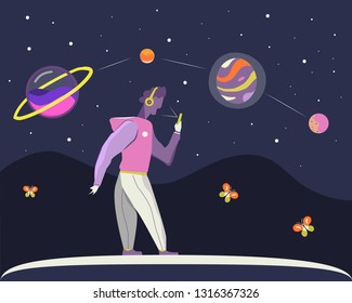 Man catches the connection with the cosmos with the help of music. Flat style illustration