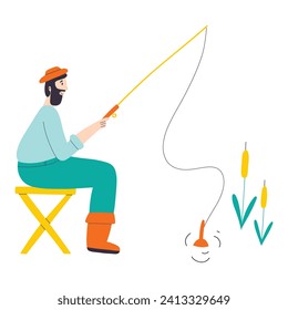 A man catches fish. Fishing concept. A man fisherman sits and relaxes while fishing. Hand drawn vector illustration.