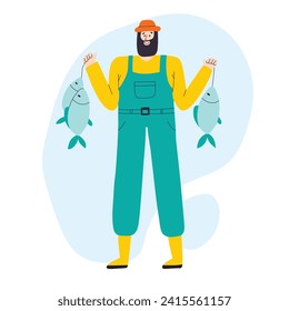 A man catches fish. Fishing concept. Happy male fisherman with a catch. Hand drawn vector illustration.