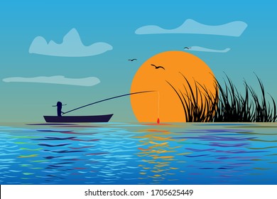 A man catches fish while sitting in a boat against the setting sun. Beautiful seascape with soaring birds.