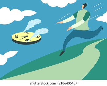 The man catches up with the flying clock. Conceptual vector illustration - running away time	
