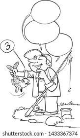 Man catches a goldfish. Vector illustration