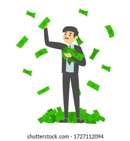 Man catches green banknotes falling around him vector isolated. Successful person, financial wealth. Thousands of currency.