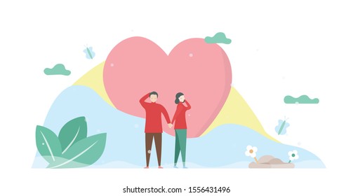 Man catches hand woman. Couple of love design for winter season. Vector illustration in flat style.