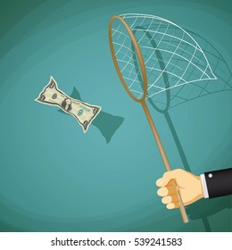 Man catches with net a dollar bill. Stock vector illustration.