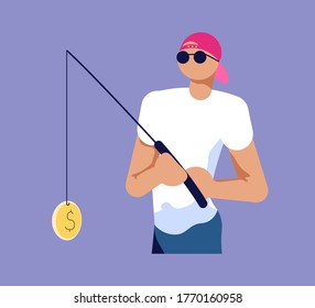 A man catches private info, digital passwords and others by a fishing rod. Magnet fishing metaphor. Isolated on purple. Flat Art Vector Illustration