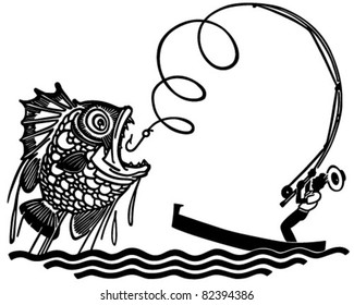 Hombre capturando peces grandes - Ilustración Retro Clipart