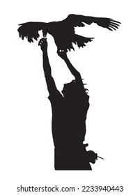 man catching Buzzard bird silhouette. Common Buzzard bird silhouette isolated on white background.