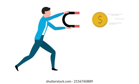 man catching coin with help of a giant magnet, flat business character vector illustration on white background.  