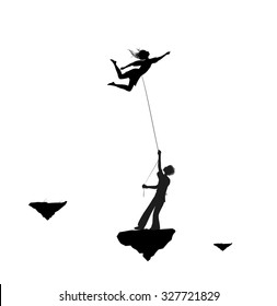 Man catching the fairy woman and holding she on the thread, scene from the fairytale in the dreamland, black and white, vector,
