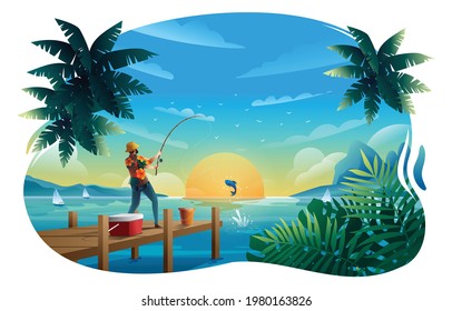 Man catching a fish with fishing rod at the pier vector.
