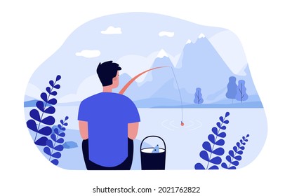 Man catching fish on shore of mountain lake. Flat vector illustration. Young man holding fishing rod, admiring beautiful mountain landscape. Fishing, nature, solitude, hobby, vacation concept