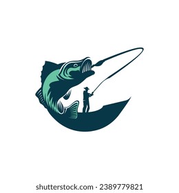 Diseño del logo del vetor de pescado capturado por el hombre