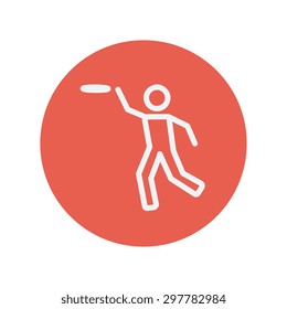 Man catching a flying disc thin line icon for web and mobile minimalistic flat design. Vector white icon inside the red circle.