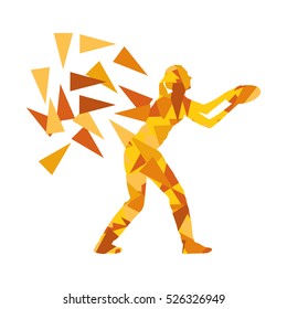 Man catching flying disc vector background concept made of polygon fragments isolated on white