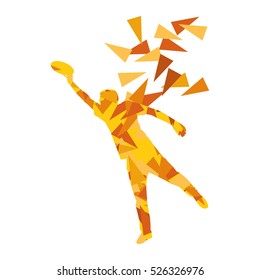 Man catching flying disc vector background concept made of polygon fragments isolated on white