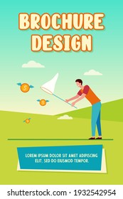 Man catching flying money with butterfly net. Cash, coin, hunt flat vector illustration. Finance, money, opportunity concept for banner, website design or landing web page