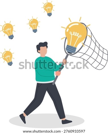 Man Catching Glowing Light Bulb Ideas with a Net - Creative Inspiration Concept
