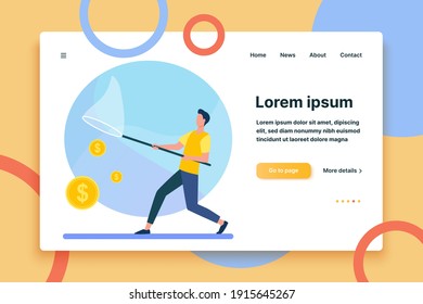 Man catching money with butterfly net. Cash, coins, dollar flat vector illustration. Finance, earning, income concept for banner, website design or landing web page