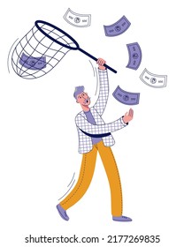 Man catching money with net. Businessman running after cash money flying away. Achieving financial goal, attracting investments, saving money, business success, money concept