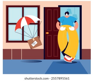 Man catching parcel box falling down with parachute vector illustration