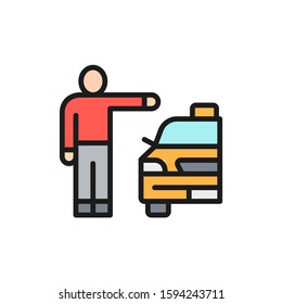 Man catching taxi cab, hitchhiking flat color line icon.