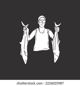 
man catching two big fish hand drawn illustration