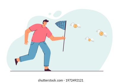 Man catching winged coins with butterfly net. Flat vector illustration. Male cartoon character achieving financial goal, attracting investments, saving money. Business, success, money concept