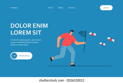 Man catching winged coins with butterfly net. Flat vector illustration. Male cartoon character achieving financial goal, attracting investments, saving money. Business, success, money concept