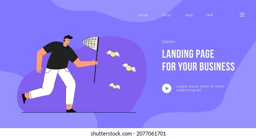 Man catching winged coins with butterfly net. Flat vector illustration. Male cartoon character achieving financial goal, attracting investments, saving money. Business, success, money concept