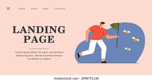 Man catching winged coins with butterfly net. Flat vector illustration. Male cartoon character achieving financial goal, attracting investments, saving money. Business, success, money concept