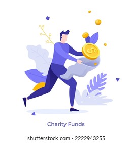 Man cathching dollar coin with bag. Concept of charity fund, fundraising or collecting donations, financial gain pursuit, monay benefit motivation. Modern flat vector illustration for poster, banner.