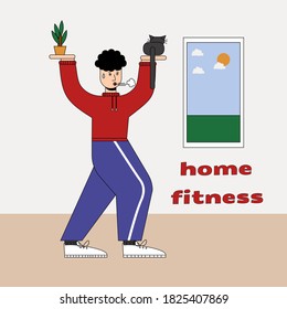 Man with cats doing gymnastics at home, humorous fitness motivational cartoon, character doing exercises indoors. Cauchois sits on the palm instead of a kettlebell.