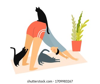 Man with cats doing yoga downward-facing dog pose (asana) at home, Humorous fitness motivation cartoon, character doing exercise indoors on yoga mat, cats watching. Vector funny illustration.