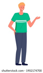 Man caucasian with blonde hair standing at full height making a gesture waving with hand. Smiling guy in jeans and a green t-shirt on white background. Friendly male character with nice mood