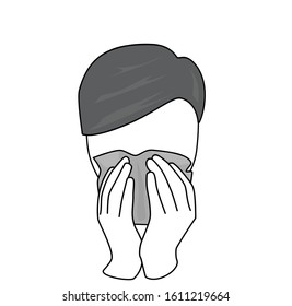 man caught a cold. Icon man sneezes. man covers his face with a scarf. vector illustration.