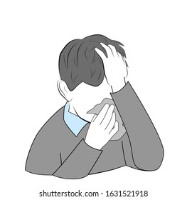 man caught a cold. Icon man sneezes. man covers his face with a scarf. vector illustration.
