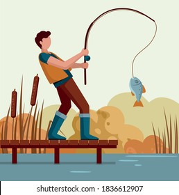 A man caught a fish on the lake on a wooden pier. Fisherman.