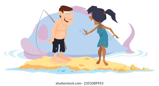 Der Mensch hat riesige Fische gefangen. Paar auf der Wüsteninsel. Illustration Concept Template für Website, Web-Landing-Seite, Banner, Präsentation, Social, Poster, Promotion oder Printmedien.