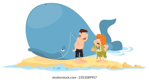 El hombre atrapó peces enormes. Pareja en la isla desierta. Plantilla de concepto de ilustración para sitio web, página de inicio web, banner, presentación, social, afiche, promoción o medios impresos.