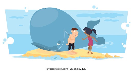 El hombre atrapó peces enormes. Pareja en la isla desierta. Plantilla de concepto de ilustración para sitio web, página de inicio web, banner, presentación, social, afiche, promoción o medios impresos.