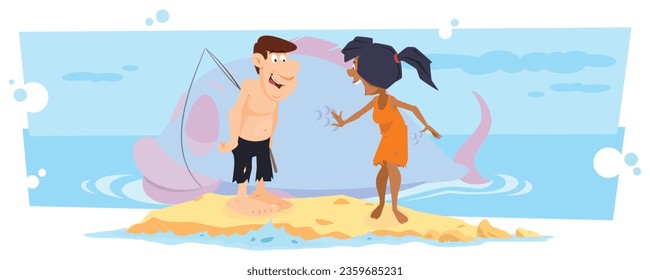 El hombre atrapó peces enormes. Pareja en la isla desierta. Plantilla de concepto de ilustración para sitio web, página de inicio web, banner, presentación, social, afiche, promoción o medios impresos.