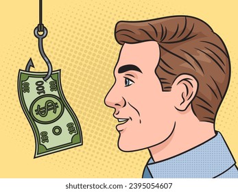 Man is caught on money bait dollar cash metaphor pinup pop art retro hand drawn vector illustration. Comic book style imitation.