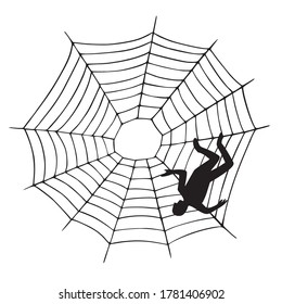 Man caught   stuck in spider web  Human trap concept  Vector illustration