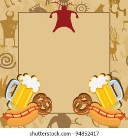 Man Cave Bachelor Party Invitation Card with cave drawings beer, pretzels and hot dogs