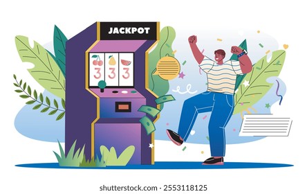 Man celebrate jackpot. Young guy rejoices near slot machines. Person with online gambling and casino. Game for luck and fortune. Flat vector illustration isolated on white background