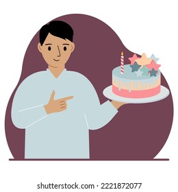 A man celebrates a birthday or some event. A man with a birthday cake with a candle. Vector flat illustration