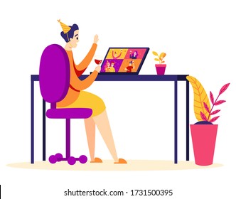 Man celebrates birthday via videoconference. People connect to party with glass of wine. Friends from different cities have a good time via video chat. Flat style illustration